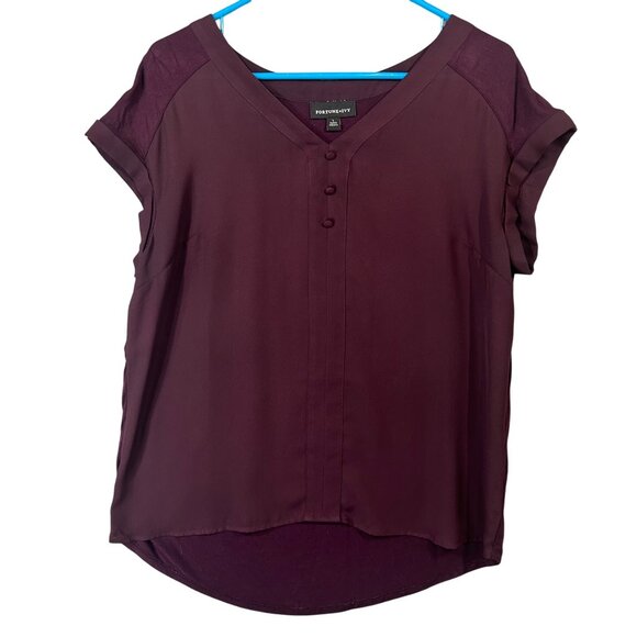 Fortune & Ivy Short-Sleeve Blouse Size L EUC Burgundy V-Neck - Picture 1 of 11